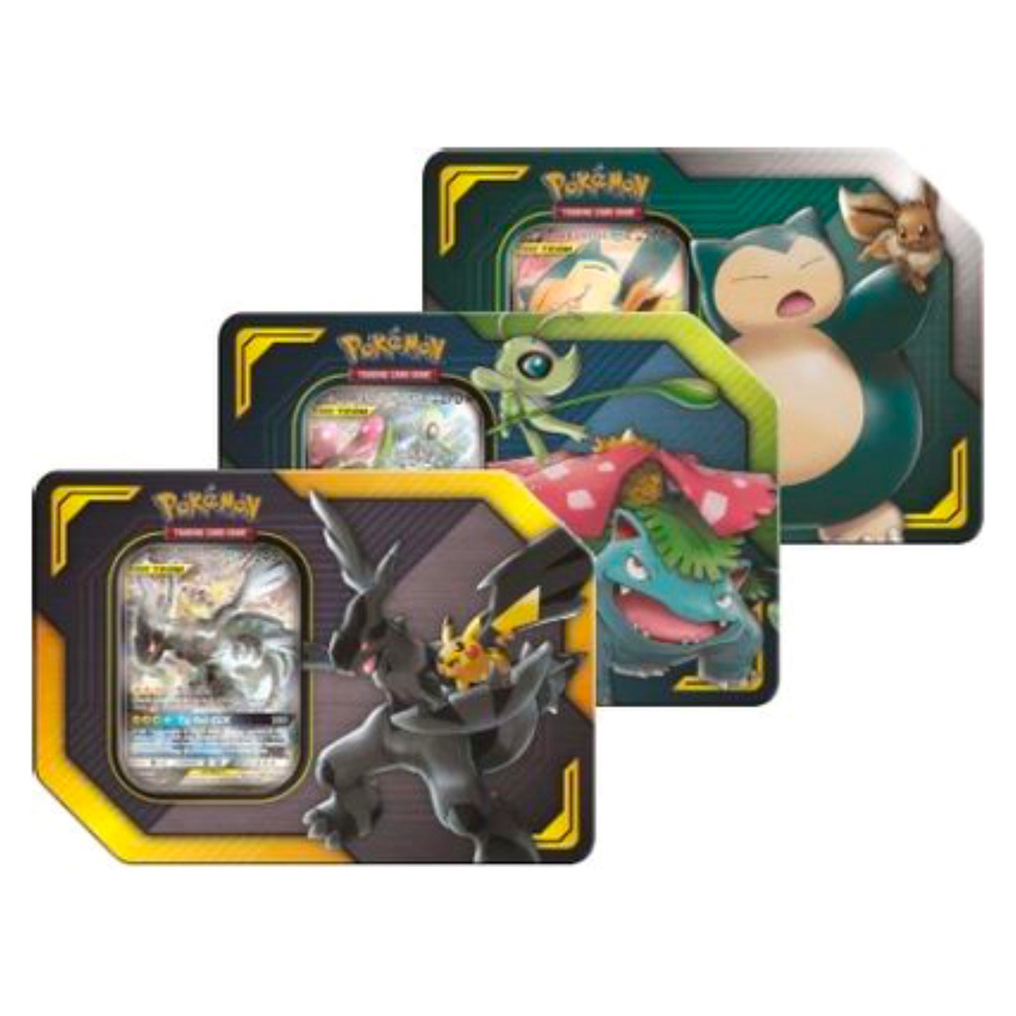 Pokemon Trading Card Game 2019 GX Tag Team Pikachu & Zekrom-GX, Eevee & Snorlax-GX, Celebi & Venusaur-GX Set of 3 Tins Pokemon Trading Card Game 2019 GX Tag Team Pikachu & Zekrom-GX, Eevee & Snorlax-GX, Celebi & Venusaur-GX Set of 3 Tins